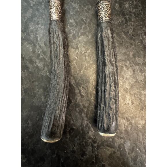 Antique Stag Handle Carving Knife & Fork Set Silver Ferrule Victorian Era - Picture 6 of 9